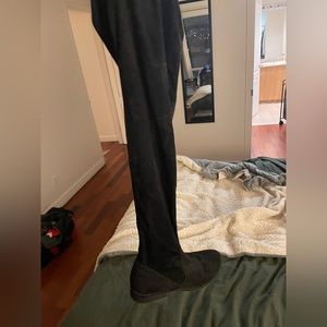 Thigh high black suede flat boots